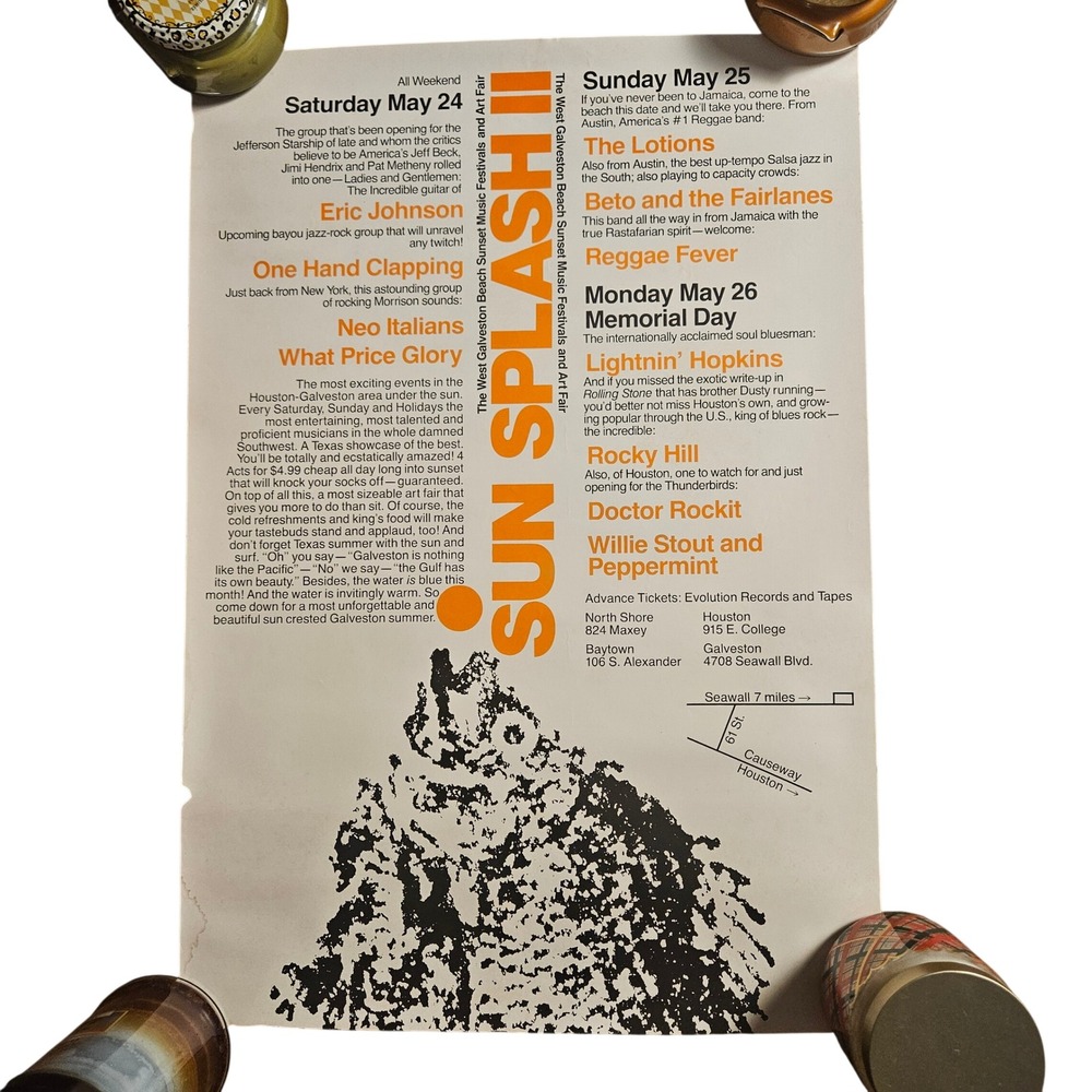 Sun Splash II VTG 1980 Galveston Concert Poster‎ 18x26 Eric Johnson The Lotions